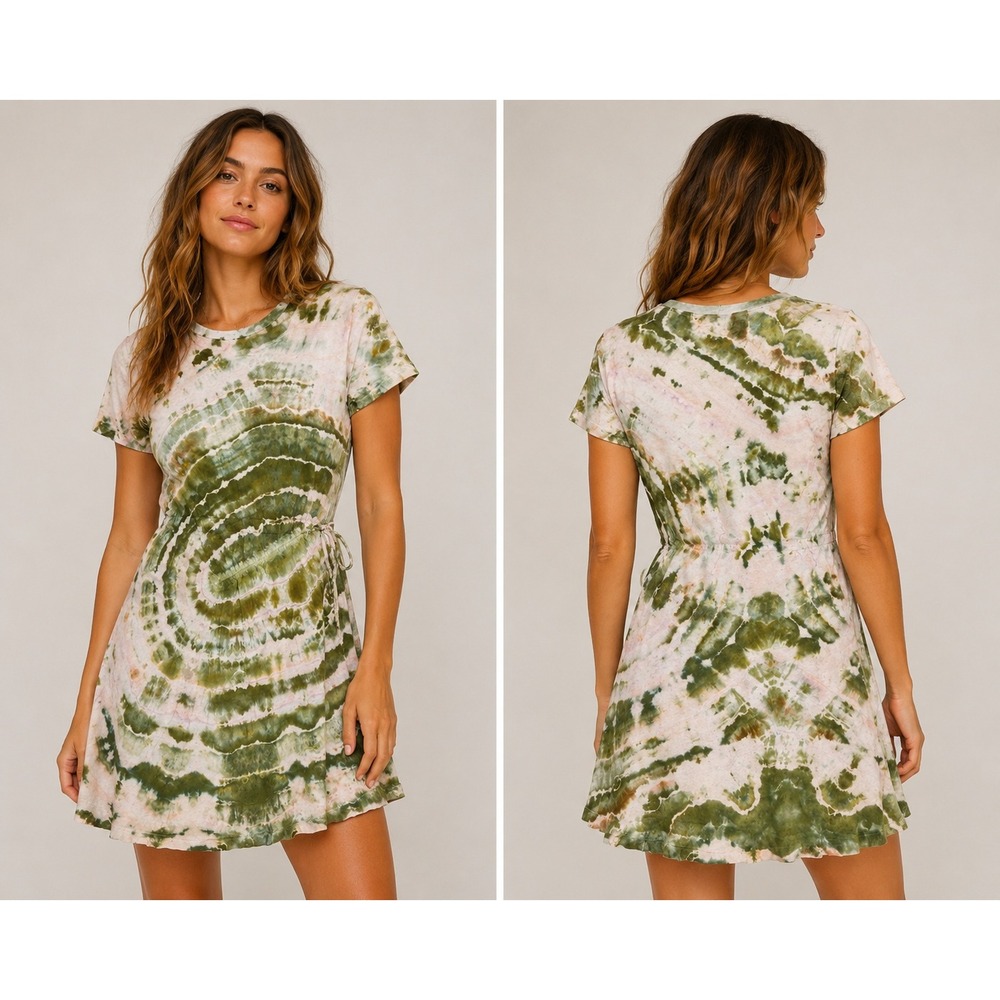 Current/Elliott T-Shirt Dress SIZE 1 Green Pink Tie Dye‎ Side Cinch UPCYCLE